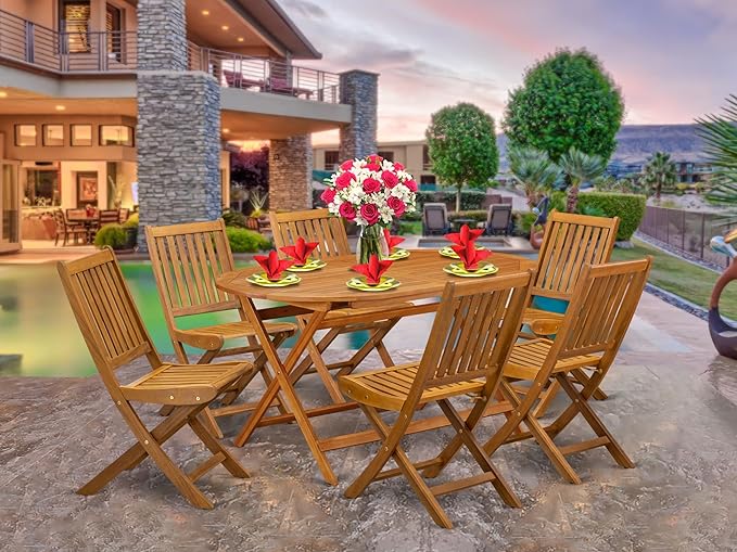 East West Furniture DIDK7CWNA 7 Piece Patio Dining Set Consist of an Oval Outdoor Acacia Wood Table and 6 Folding Side Chairs, 36x60 Inch, Natural Oil