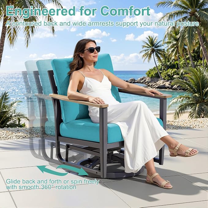 Aluminum Outdoor Patio Furniture Set with Swivel Rocking Chairs 9-Seat, Patio Sectional Sofa Patio Conversation Set with 55,000 BTU Fire Pit Table High Backrest & Thickened Cushions, Turquoise