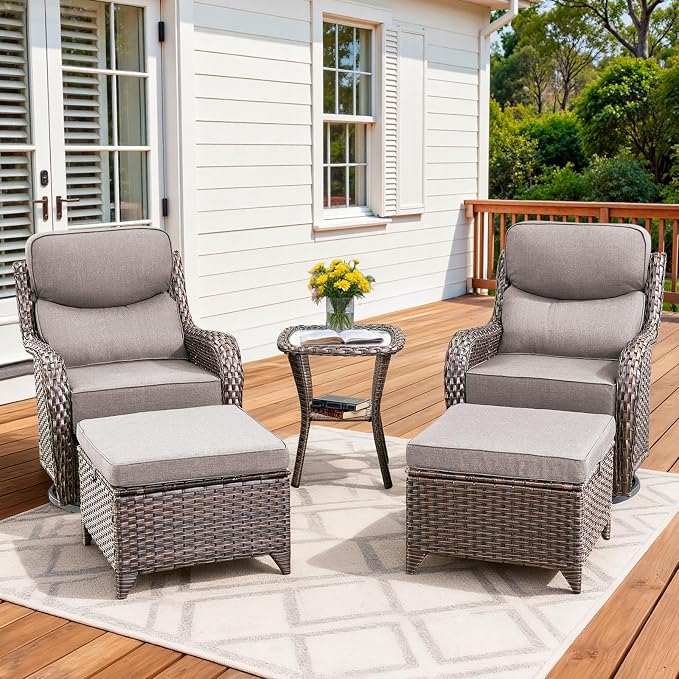 Luxury Outdoor Swivel Rocker Patio Chairs Set of 5, High Back Swivel Patio Chairs with Side Table & 6" Thick Cushions, Ottomans, Wicker Outdoor Bistro Set for Porch, Yard, Deck, Poolside, Brown/Grey