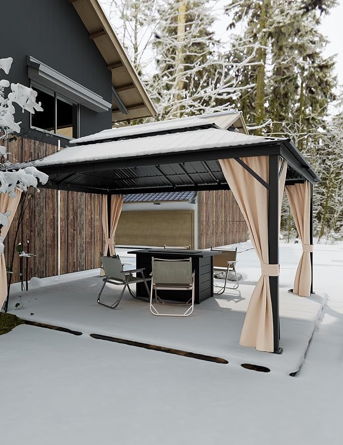 GarveeLife 12 ft x16 ft Hardtop Gazebo for All Weather, with Double Metal Roof, Aluminum Alloy Frame, Net, and Curtain, Permanent Building for Patio, Deck, Backyard, Lawn, and Garden, Khaki
