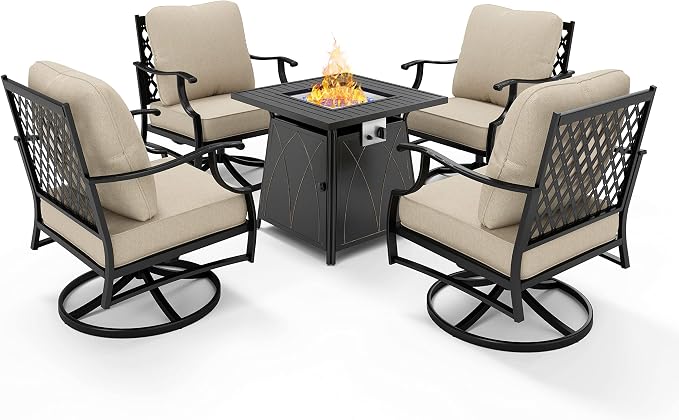 HERA'S HOUSE 5 Pieces Fire Pit Patio Furniture Set, 4 x Thick Cushioned Swivel Chairs with 28" Fire Pit Table (50,000 BTU), Outdoor Conversation Set for Garden, Backyard, Lawn