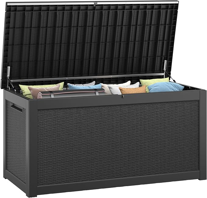 Bifanuo Outdoor Storage Box, 300 Gallon Deck Boxes Waterproof, Resin Storage Cabinet Multi Functional Storage Bench For Gardening Tools, Pool Supplies, Patio Furniture, Lockable