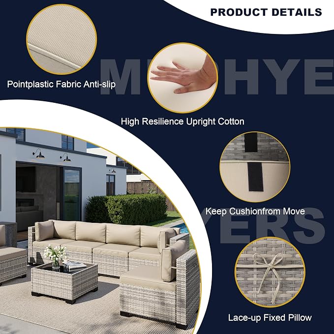 14-Piece Outdoor Patio Furniture Set with Rocking Swivel Chair, Wicker Rattan Sectional Sofa Conversation Set with 55,000 BTU Fire Pit Table, Backyard Furniture, Beige