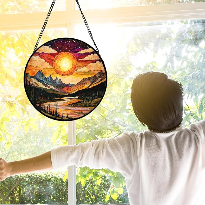 DASTOLL Stained Glass Window Hanging, Dusk Sunset Landscape Sun Catchers Glass Panel Lakes and Mountains Suncatcher Decor for Birthday for Women, Men, Wife, Aunt, and Mom 11.8x11.8 in