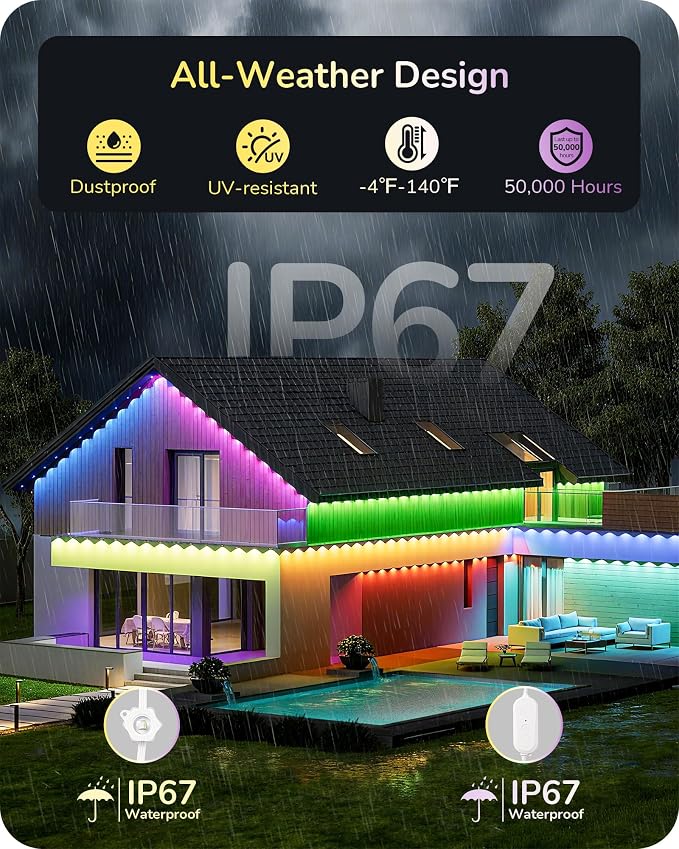 EDISHINE 150FT Permanent Outdoor Lights, RGBIC 111+ Scene Modes, IP67 | App/Voice/Remote Control, Cuttable & Splicable Accent Lights for Party Decor & Festive Celebrations
