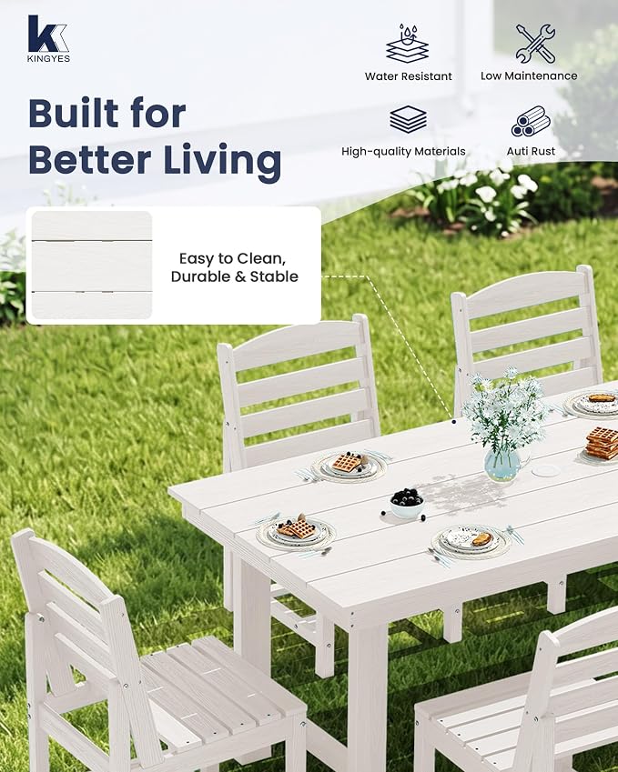 KINGYES 7-Piece Patio Dining Set, HDPE Table and Armless Chairs Outdoor Furniture Set with Umbrella Hole, White