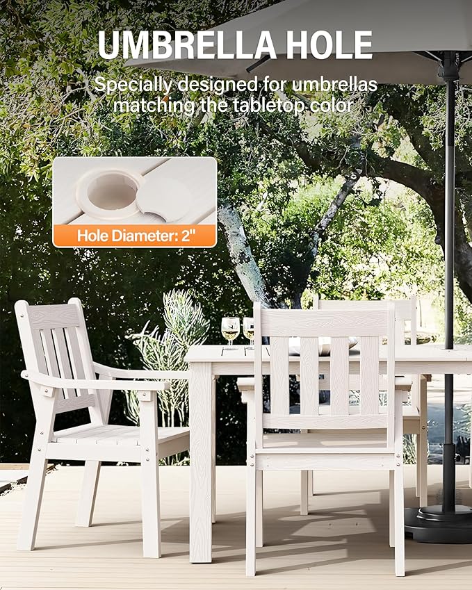 YEFU Outdoor Dining Table for 6: All Weather Rectangular Patio Table with Umbrella Hole and Aluminum Frame - Outdoor Furniture for Outside Backyard/Garden/Pool/Porch/Deck, 300lbs Capacity, White