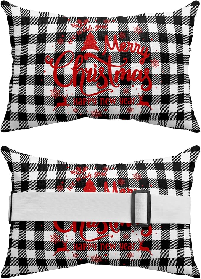 Outdoor Pillows Covers with Inserts Merry Christmas Black White Buffalo Checked Plaid Waterproof Pillow with Adjustable Strap Throw Pillows for Patio Furniture Recliner Lounge Chair, 11x16 inch, 1PCS