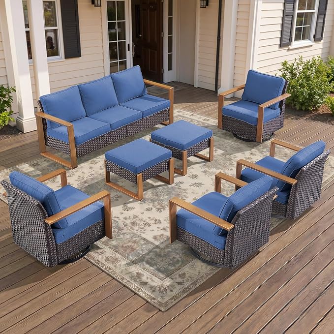 7-Piece Outdoor Patio Furniture Set with 4 Swivel Chairs, All-Weather Wicker Sofa Set for Garden, Yard, Porch and Poolside Seating Blue