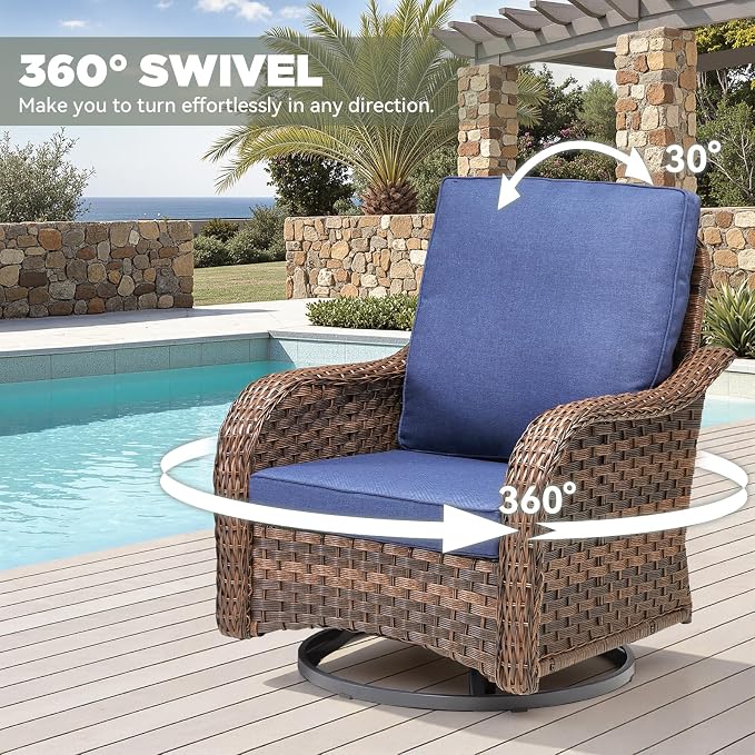 6 PCS Patio Furniture Set, Outdoor Wicker Sofa & 2 Swivel Rocking Chairs with 2 Ottomans & Side Table, 4-Inch Thick Olefin Cushions, 300 lbs Capacity Rattan Conversation Set for Porch, Blue