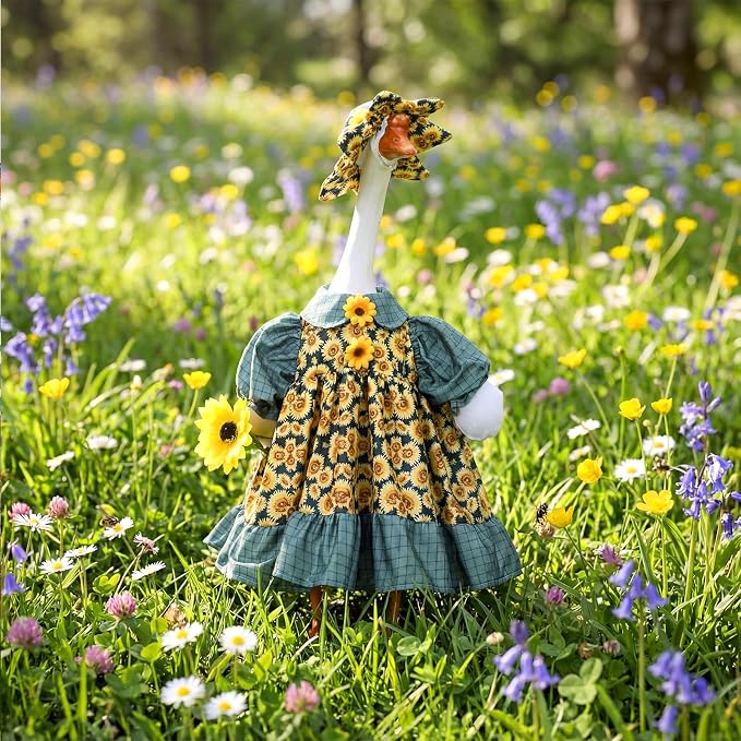 Soulchen 1 Set Sunflower Porch Goose Outfit 23 Inch Summer Sunflower Cement Goose Clothes Dress and Hat Costume Set for Back to School Summer Lawn Garden Yard Decor