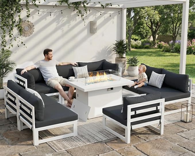 BULEXYARD 9 Piece Modern Aluminum Patio Furniture Set with Fire Pit Table, 500 lbs Heavy Duty Outdoor Sectional Sofa, 29" Deep Wide Oversize Seating Conversation Couch for Garden Exterior, Dark Gray