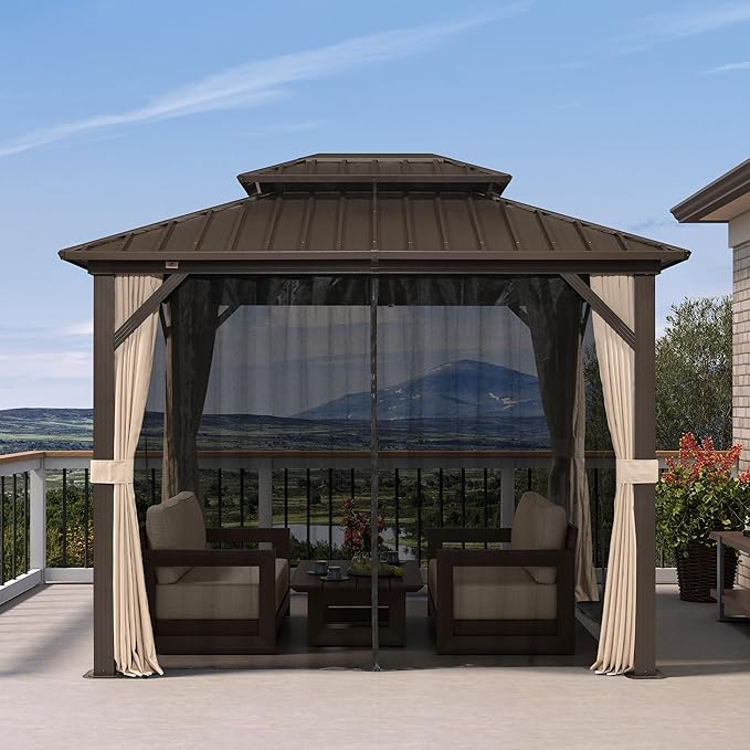 PURPLE LEAF 8’ X 10’ Outdoor Hardtop Gazebo Metal Frame Galvanized Steel Double Roof with Curtains and Nettings for Patio Desk Backyard Bronze
