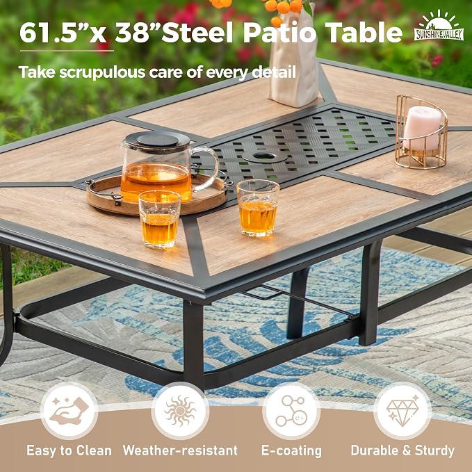 SUNSHINE VALLEY 7 Pcs Patio Dining Set for 6, Metal Rectangular Dining Table (PVC Table Top) with Umbrella Hole and 6 Chairs, Outdoor Dining Set for Lawn Garden Deck, Blue
