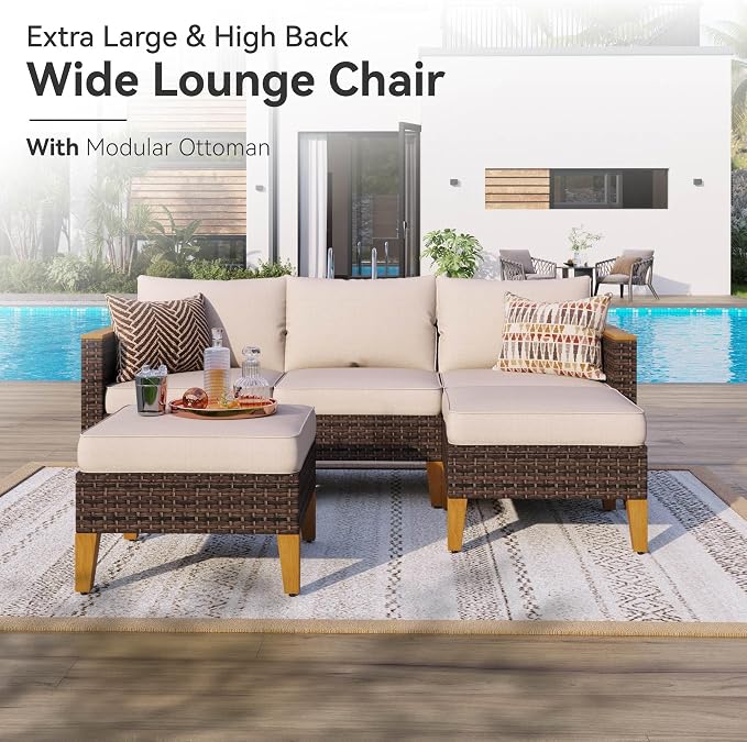 GREEN PARTY 7 Pieces Wicker Patio Furniture Set, All-Weather Outdoor Rattan Patio Sectional Sofa Conversation Set with 4" Thick Cushions for Garden, Backyard, 2 x Ottomans