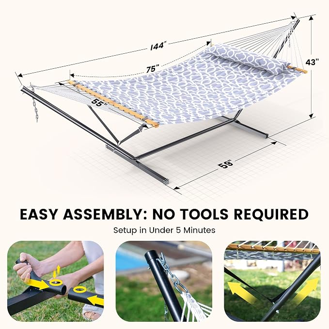 ANAGOO Double Hammock with Stand, Heavy Duty Outdoor Hammock for Two, 500 LBS Capacity, Stable Steel Frame with Balance Strap, Easy Tool-Free Assembly for Patio, Garden, Backyard & Beach,White Grey