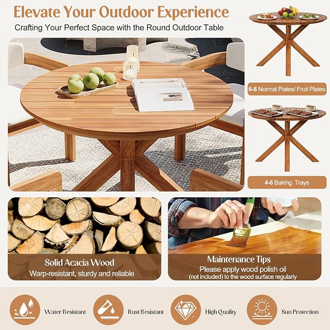 Outdoor Patio Furniture Set of 5, Acacia Wood Round Dining Set with 4 Barrel Chairs & Non-Removable Cushion, 5-Piece Patio Furniture for Backyard Deck Poolside, Natural + Beige