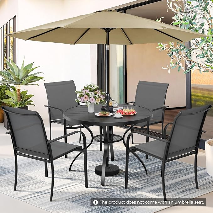 Incbruce 6 PCS Patio Dining Set with Brown Umbrella, Outdoor Dining Set of 4 Textilene Chairs and 41" Round Table with Umbrella Hole for Backyard, Garden, and Poolside (Grey)