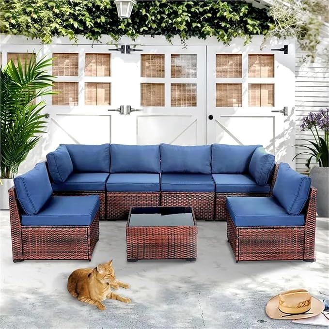 7 Pieces Patio Conversation Sets, All Weather Outdoor Sectional Patio Sofa, Manual Weaving Wicker Rattan Patio Seating Sofas with Thick Cushions and Coffee Table(Blue)