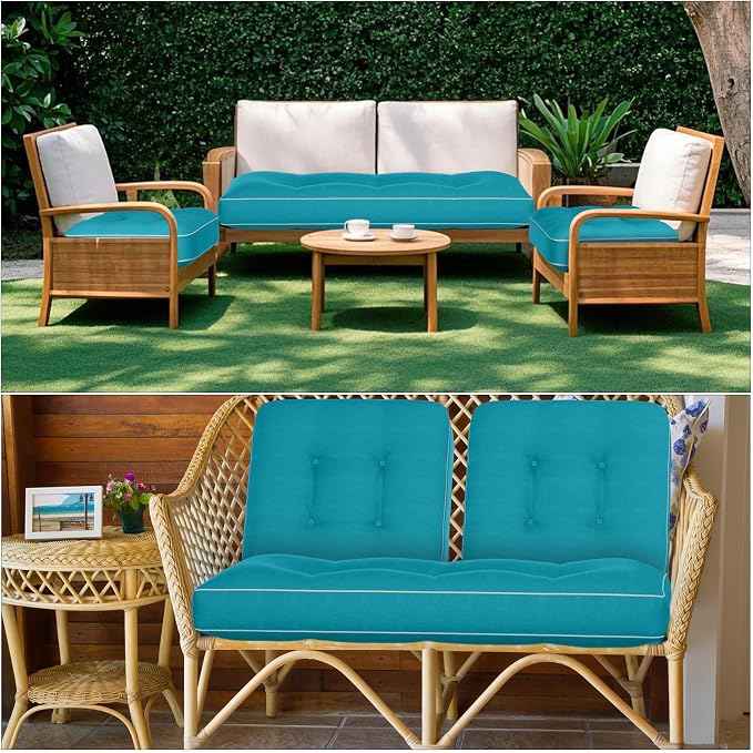 Wenqik 44 x 19 x 4 Inch Outdoor Bench Cushion Set of 3 Waterproof Tufted 1 Patio Loveseat Cushions and 2 Square Chair Seat Pad for Outdoor Furniture Couch Swing Sofa Wicker Settee(Lake Blue)