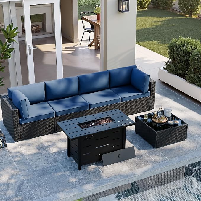 SUNLEI 5 Piece Outdoor Patio Furniture Set with Fire Pit Table, Black PE Rattan Wicker Conversation Sofa Set with Blue Cushions, All Weather Sectional Patio Couch for Backyard, Deck, Garden, Porch