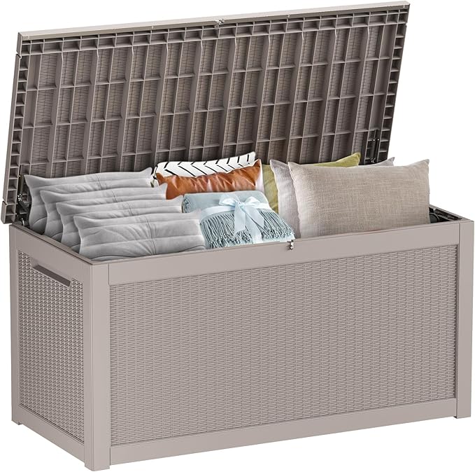 261 Gallon Outdoor Deck Box, Lockable Waterproof Outdoor Storage Boxes For Garden Tools,Indoor Cushions,Accessories Outside Storage Resin Weatherproof Container(Grey)