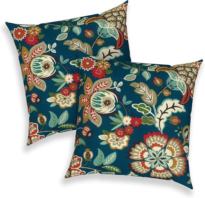 Outdoor Throw Pillows 16x16 Inch, Water Repellent Patio Pillows with Inners Set of 2 for Patio Furniture Home Garden, Peacock Blue