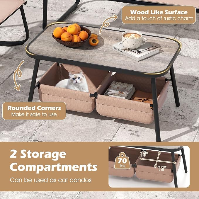 Tangkula 4 Pieces Patio Furniture Set with 2 Rocking Bistro Chairs, Outdoor Conversation Set with 2-Tier Coffee Table and Breathable Fabric Chairs for Porch, Garden, Lawn and Backyard (Brown)