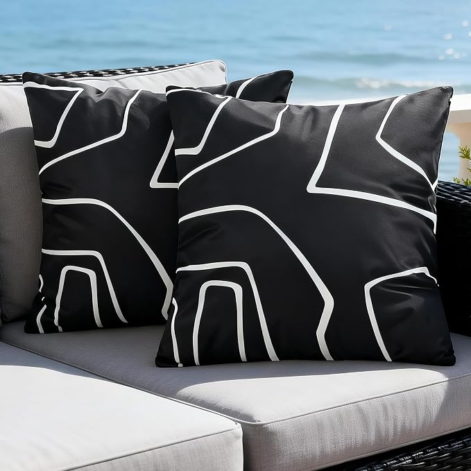 Outdoor Waterproof Throw Pillow Covers 18x18 Inch Set of 2 | Modern Abstract Lines Decorative Pillow Cover, Black White Cushion Covers for Garden Patio Tent Balcony Bench Couch Sofa