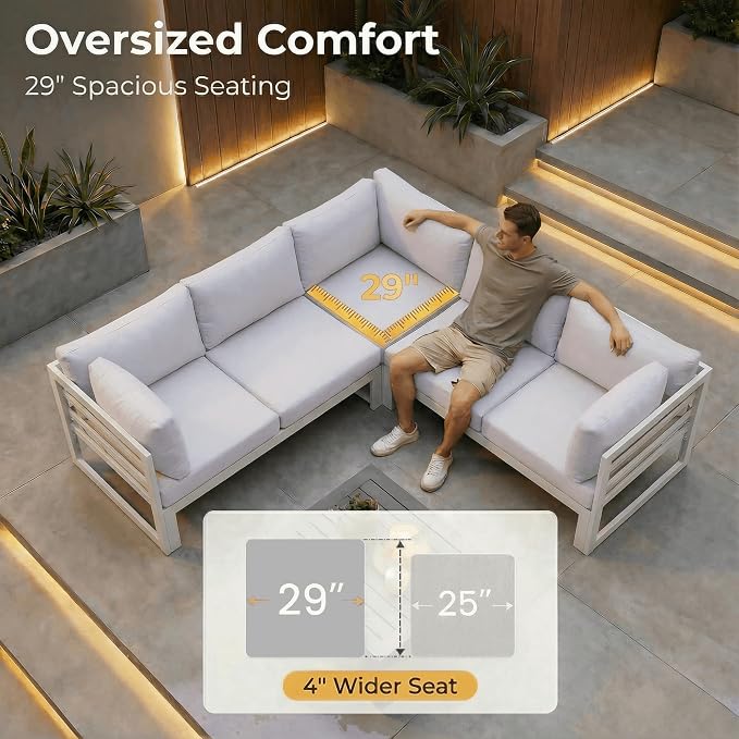 NICESOUL 9 Pcs Oversized Aluminum Patio Furniture Set, 500 lbs Heavy Duty Outdoor Sectional Sofa with Lounge Chair & Fire Pit Table, 29" Deep Wide Seating Conversation Couch for Poolside, Light Gray