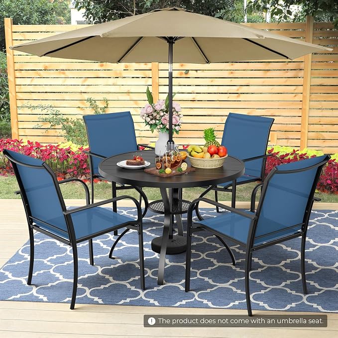 5-Piece Patio Dining Set with Umbrella,4 Person Outdoor Table and Chairs Set, 4 Metal Dining Chairs and Round Outdoor Table with 1.57" Umbrella Hole,Blue