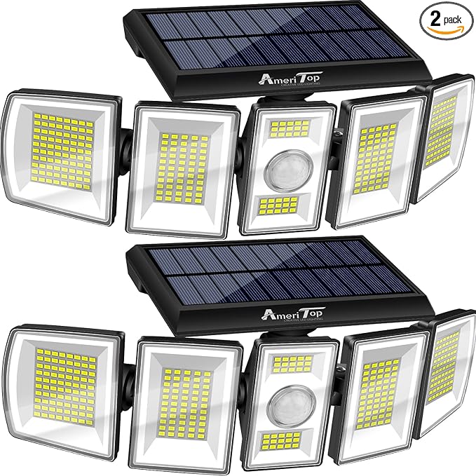 AmeriTop Solar Lights Outdoor 300 LED 6500K Motion Sensor Lights Cordless; 5 Adjustable Heads, 360° Wide Angle Illumination, IP65 Waterproof, Security Flood Light for Patio Yard Garden 2 Pack
