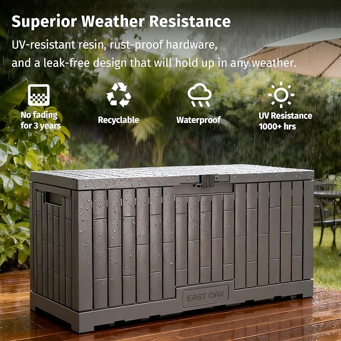 EAST OAK 120 Gallon Outdoor Storage Box | Large Resin Deck Box with Reinforced Stainless Steel Support | Waterproof & UV-Resistant Patio Storage Box for Cushions, Garden Tools & Pool Accessories, Grey