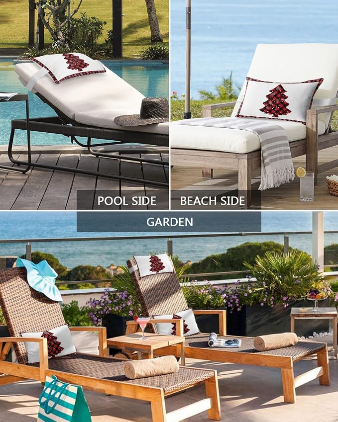 Outdoor Pillows Covers with Inserts Christmas Red Black Buffalo Check Plaid Waterproof Recliner Pillow with Adjustable Strap Throw Pillows for Patio Furniture Pool Lounge Chair, 11x16 inch, 1PCS