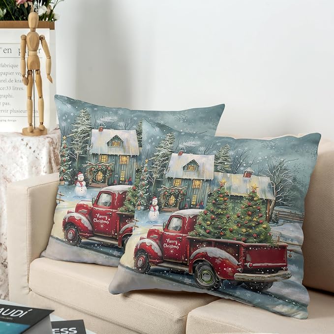 Red Truck Christmas Pillow Covers 18x18 Set of 2 Merry Christmas Pillow Case Xmas Tree Cabin Snowman Cushion Case for Winter Holiday Decorations Couch Bedroom