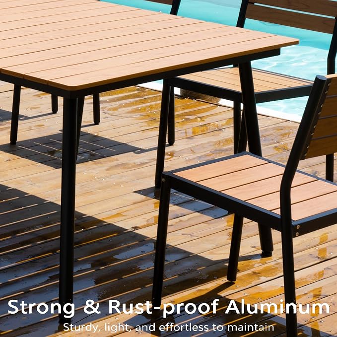 9-Piece Outdoor Dining Set for 8 Person with Teak Wood-Grain Top | Armless Stackable Chairs with 19.4" Seat Depth, Aluminum Frame Dining Furniture with Umbrella Hole for Deck, Porch & Backyard
