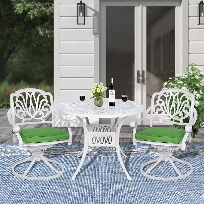 MEETWARM 3-Piece Outdoor Patio Dining Set, All-Weather Cast Aluminum Patio Conversation Set for Backyard Garden with 2 Cushions Swivel Rocker Chairs and 35.4" Round Table, 2.2" Umbrella Hole, White