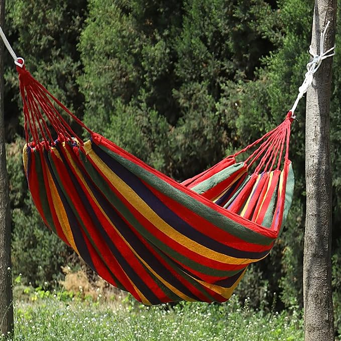 Canvas Double Camping Hammock, Lightweight Travel Hammock, Soft Resting Bed, Quick Setup Hand Woven with Storage Bag for Garden Backpacking, 551 Lb Limit (Red)