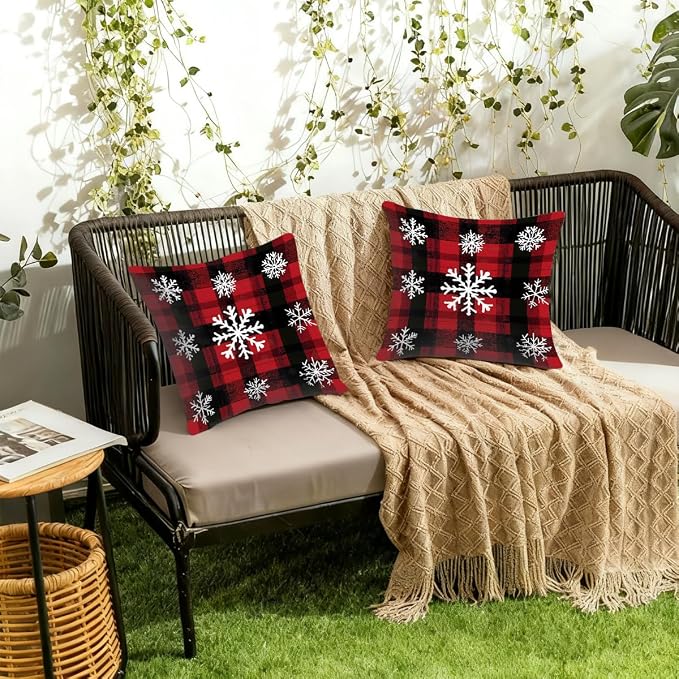 16x16 Inch Outdoor Pillow Covers Set of 2 Waterproof Throw Pillow Covers Decorative Couch Cushion Covers Buffalo Plaid Snow Square Pillowcases Protectors for Patio Garden Sofa