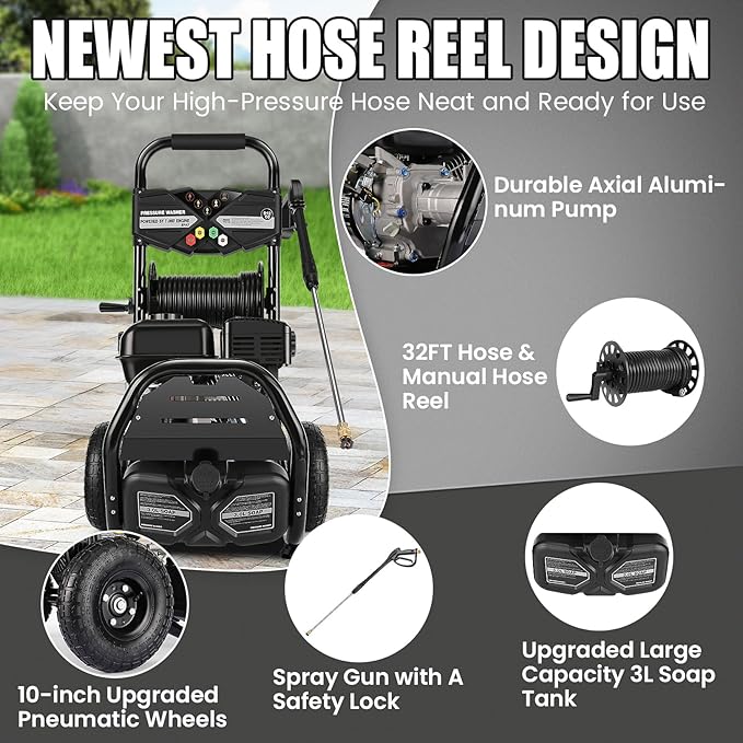 4200PSI Gas Pressure Washer 4.0GPM Gas Power Washer 212CC Gas Powered Washing Machine Commercial High Pressure Washer with 32ft Hose Reel&5 Nozzles for Patio Garden Yard Vehicle,EPA/CARB/ETL