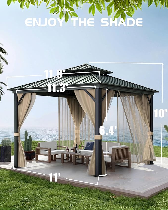 GarveeLife Hardtop Gazebo 12 ft x12 ft for All Weather, with Double Metal Roof, Aluminum Alloy Frame, Net, and Curtain, Permanent Building for Patio, Deck, Backyard, Lawn, and Garden
