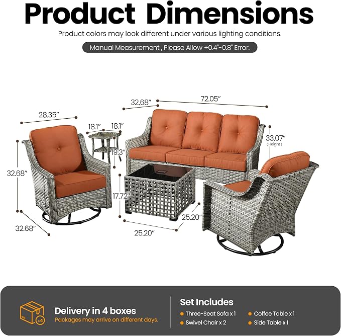 5 PCS Patio Conversation Set, All-Weather Rattan Wicker Outdoor Patio Furniture Sets with High Back Swivel Rocker Chair, Solar Light Coffee Table for Porch,Backyard,Balcony,Orange