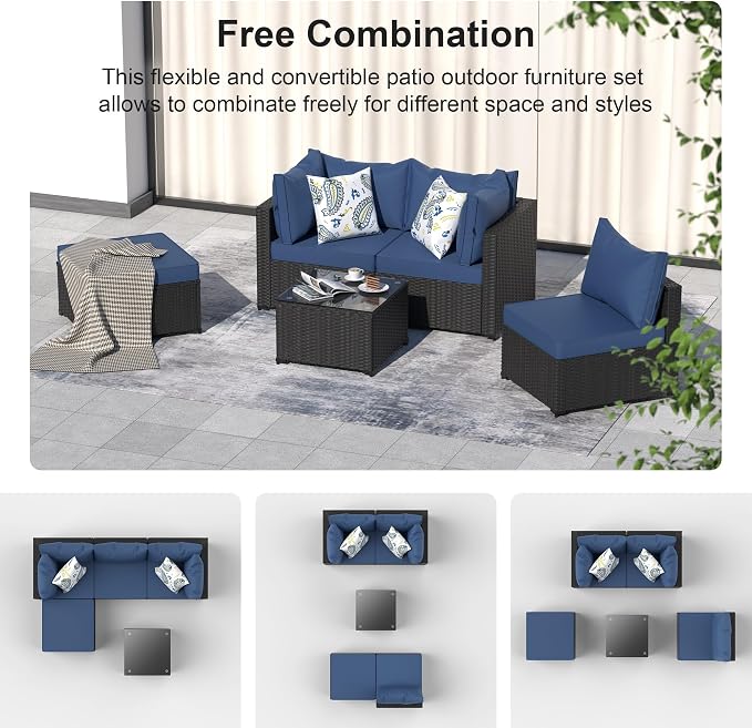 GOJOOASIS Patio Furniture Set Outdoor Sectional Sofa with Ottoman Wicker Couch Rattan Modular Seating Conversation Sets Porch Decor for Backyard, Balcony, Garden (Blue B)