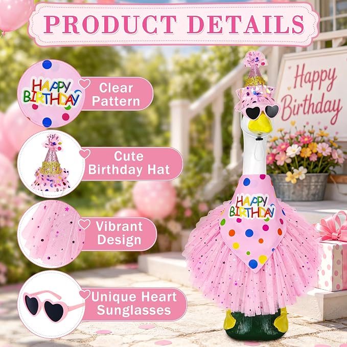 Porch Goose Birthday Outfit, Happy Birthday Goose Outfit Lawn Geese Clothes for 17/23" Cement Geese Statue for Patio (Pink)
