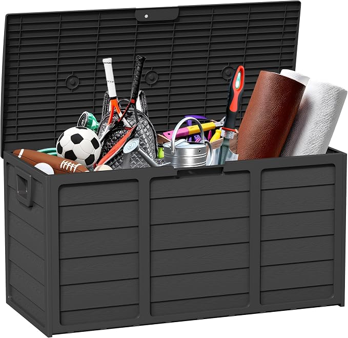 75 Gallon Outdoor Deck Box – Heavy Duty Waterproof Storage with Lockable Lid, UV & Weather Resistant Resin for Patio Furniture, Cushions(Black)