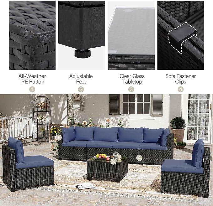 LAUSAINT HOME 7 Pieces Outdoor Patio Furniture, Outdoor Sectional Sofa Patio Furniture Sets Wicker Rattan Patio Conversation Sets with Cushion and Glass Table (Dark Blue)
