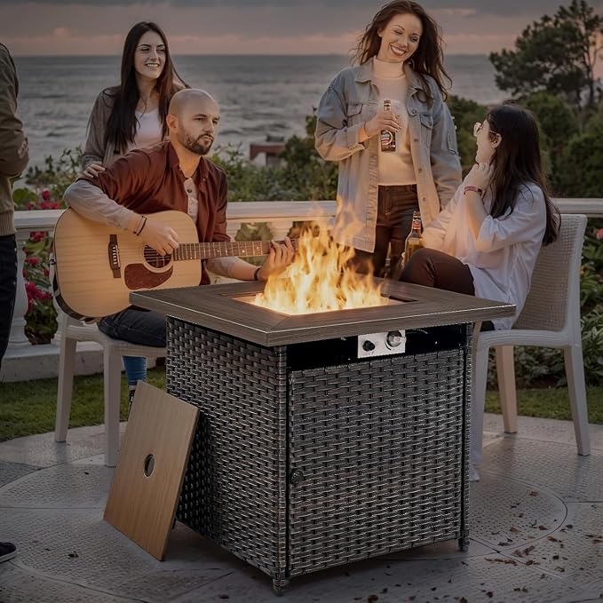 Patio Furniture Set - 9 Pieces All Weather Wicker Outdoor Furniture with 4 Swivel Chairs, 2 Ottomans, 1 Sofa, 1 Side Table and Fire Pit Table, Ergonomic Design for Porch, Deck, and Backyard(Beige)