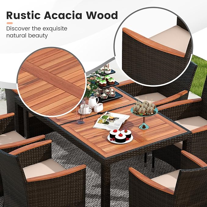 7 Pieces Outdoor Wicker Dining Set with Umbrella Hole, Patio Dining Furniture Set with Acacia Wood Table and Chairs, Garden Dining Table Set for Backyard, Desk, Poolside (Brown)