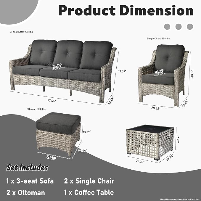 ovios 6 Piece Outdoor Patio Furniture with 3 Seat Sofa,Rattan Wicker Coversation Set with High Back,Sectional Single Sofa with Ottoman for Outside Porch Balcony Backyard Pool, Black
