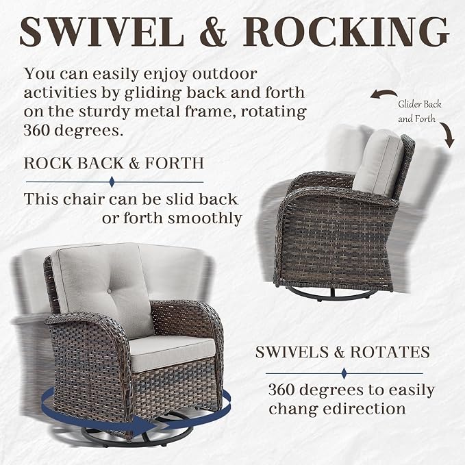 HUMMUH 7 Piece Patio Furniture Set with Fire Pit Table,Wicker Patio Swivel Rocker Outdoor Chairs 3-Seat Sofa for Porch,Poolside,Deck